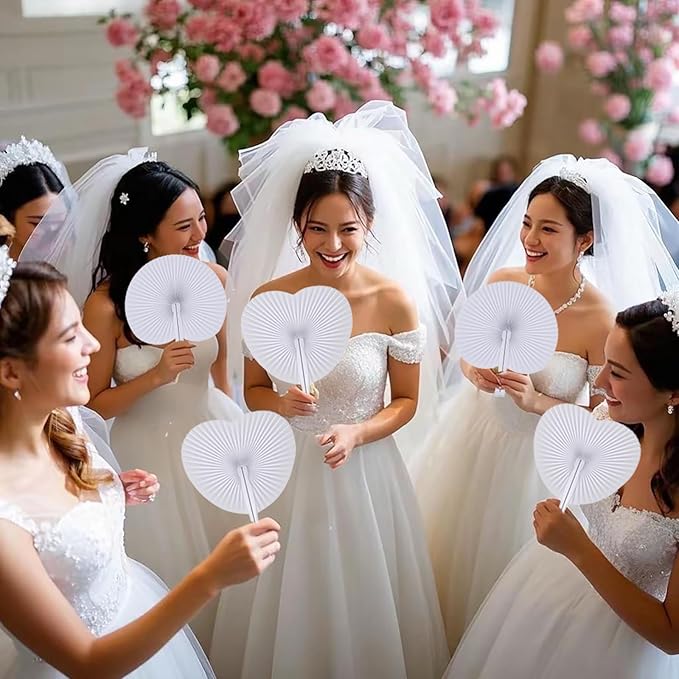 12 Pcs Decorative Paper Folding Hand Fans Handheld,White Round Heart Foldable Wedding Fans Chinese and Japanese Fans Bulk for Bridal Guest Church Party Favors Dancing Birthday DIY
