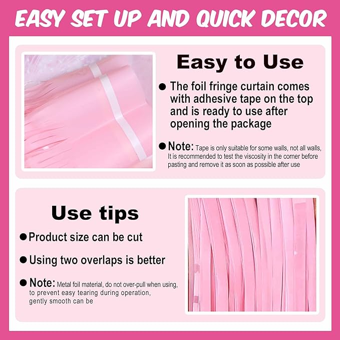 6 Pack Macaron Pink Foil Fringe Curtains Backdrop, 3.28 x 8.2 Ft Metallic Streamers Tinsel Curtains Background for Photo Booth, Birthday, Weddings, Carnivals, Graduation, Themed Party Decorations