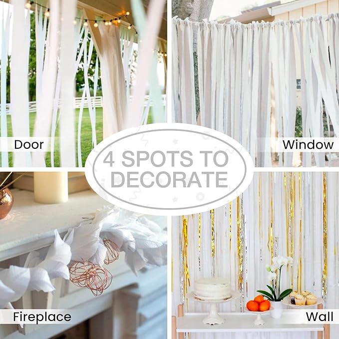 PartyWoo White Crepe Paper Streamers 4pcs 328ft Pack of Pearl White Crepe Paper Streamers for Wedding Graduation Baby Shower Engagement Anniversary Bachelorette Winter Birthday Party Decorations