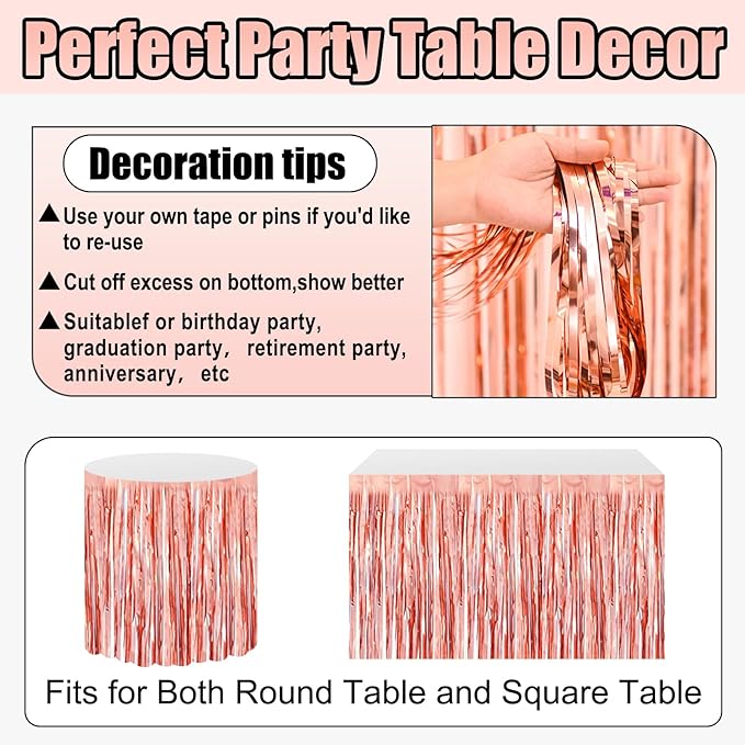 3 Pack 29x108 Inch Rose Gold Foil Fringe Table Skirts Metallic Banner for Tinsel Streamer Garland Backdrop for Parade Floats Wedding Thanksgiving Birthday Christmas Halloween Party Decoration