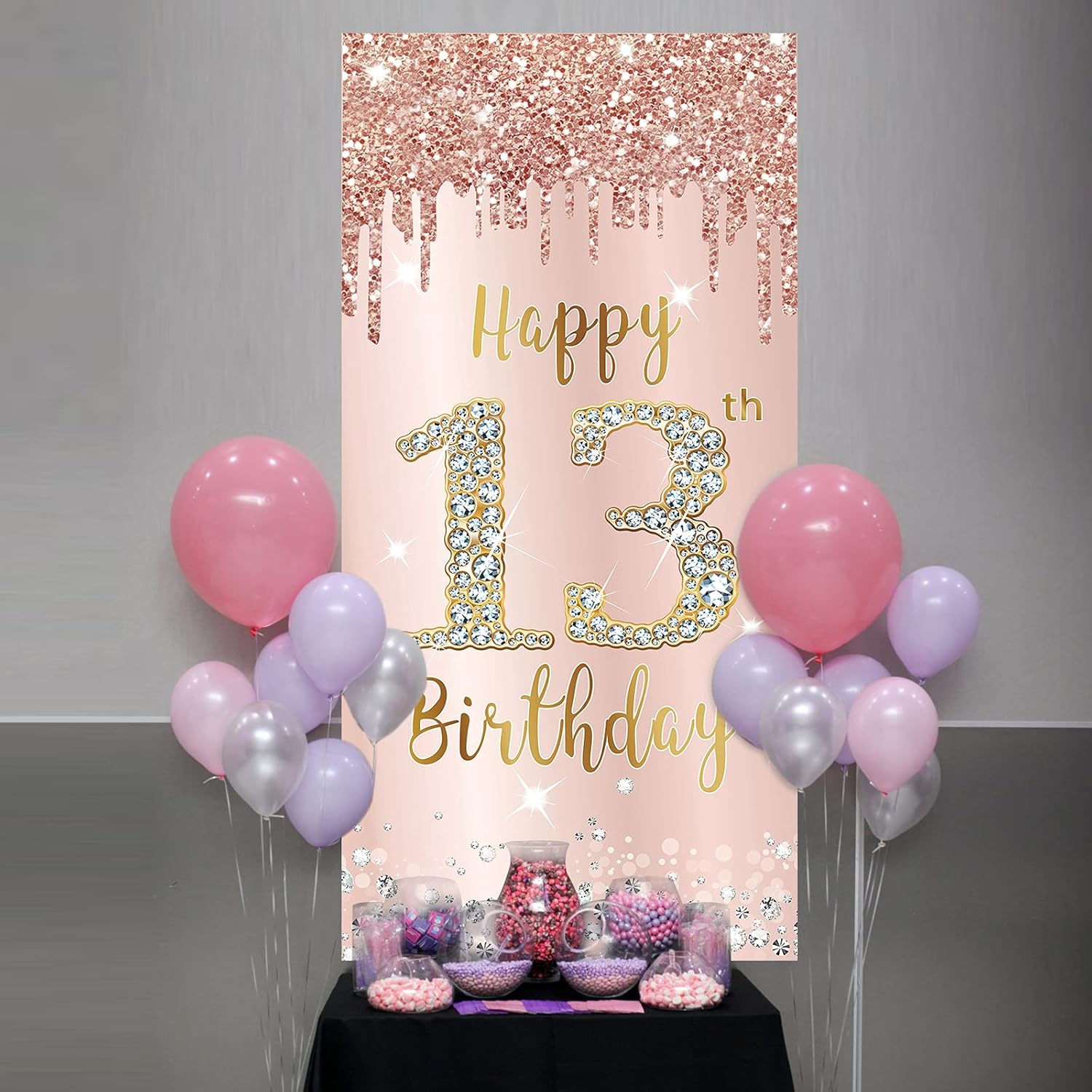 Happy 13th Birthday Door Banner Backdrop Decorations for Girls, Pink Rose Gold 13 Birthday Party Door Cover Sign Supplies, Thirteenth Year Old Birthday Poster Background Photo Booth Props Decor