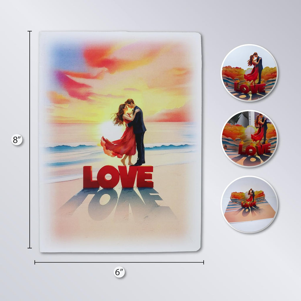 CUTE POPUP 3D Pop Up Love Card Romantic Couple on Beach at Sunset Design Anniversary, Valentine's Day, Birthday Card for Her, Him — Handmade 6x8 Inch, Envelope Included