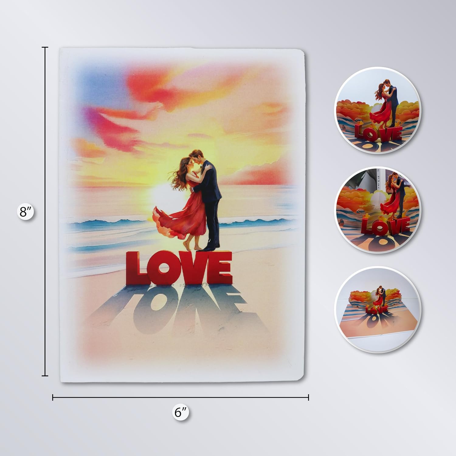 CUTE POPUP 3D Pop Up Love Card Romantic Couple on Beach at Sunset Design Anniversary, Valentine's Day, Birthday Card for Her, Him — Handmade 6x8 Inch, Envelope Included