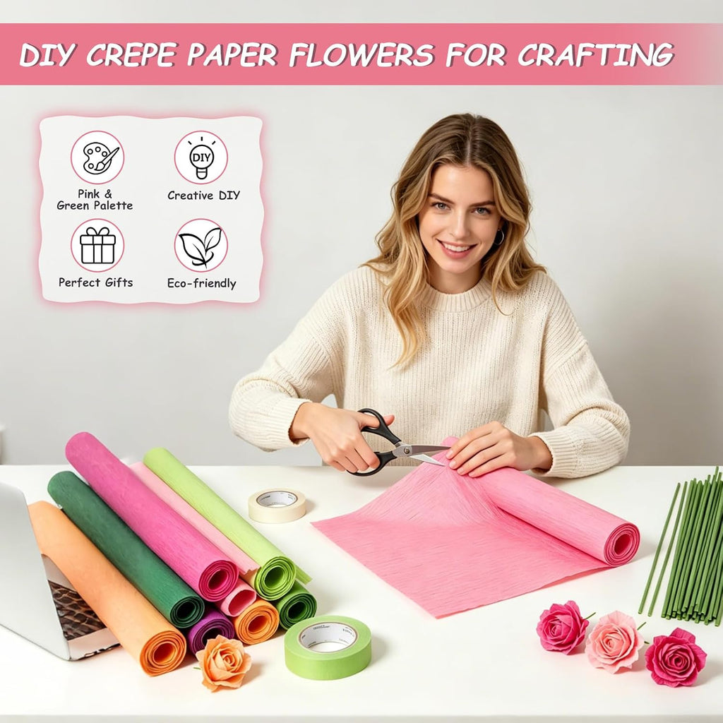 Crepe Paper Streamers 10 Rolls，10 * 98in Pastel Crepe Paper Sheets Kit for DIY Gift Colourful Paper Flower with 100 Pcs Flower Stalk，Gardening Tape，Scissors，Double-Sided Tape and Glue Sticks (Pink)