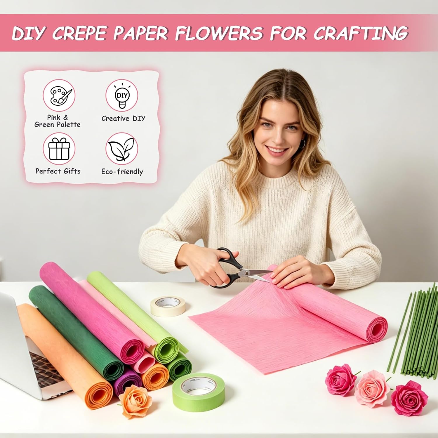 Crepe Paper Streamers 10 Rolls，10 * 98in Pastel Crepe Paper Sheets Kit for DIY Gift Colourful Paper Flower with 100 Pcs Flower Stalk，Gardening Tape，Scissors，Double-Sided Tape and Glue Sticks (Pink)