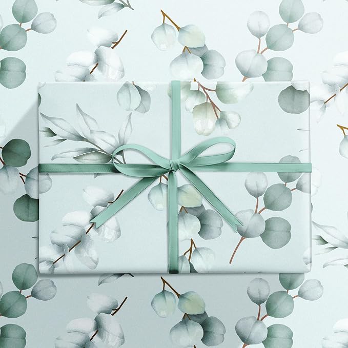 RUSPEPA Eucalyptus Leaves Wrapping Paper Roll for Women Girls, Light Green Leaf Design Gift Wrap, Greenery Wrapping Paper Perfect for Wedding, Birthday, Spring, Bridal Shower, 17 Inch x 16.4 Feet