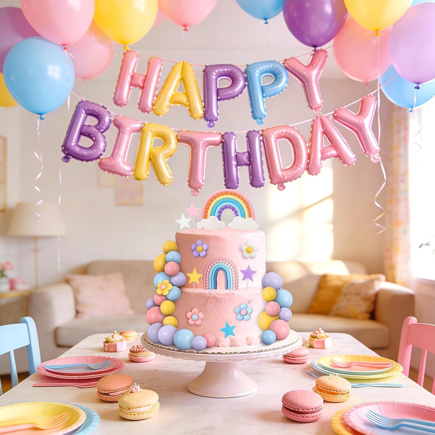 32 Pcs Rainbow Cake Topper with Flower Star Cupcake Toppers Pastel Balls Cake Topper, Boho Groovy Cake Decorations for Birthday Wedding Party