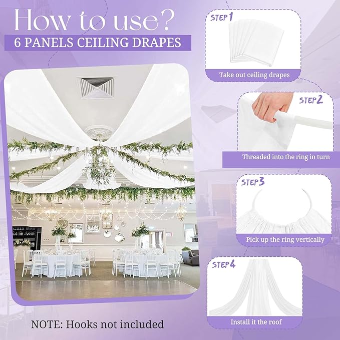 6 Panels White Ceiling Drapes for Wedding, 5ftx30ft Ceiling Drapes Cheesecloth Sheer Fabric Curtain Wedding Arch Draping Fabric Romantic Ceiling Decorations for Wedding Party Ceremony Stage