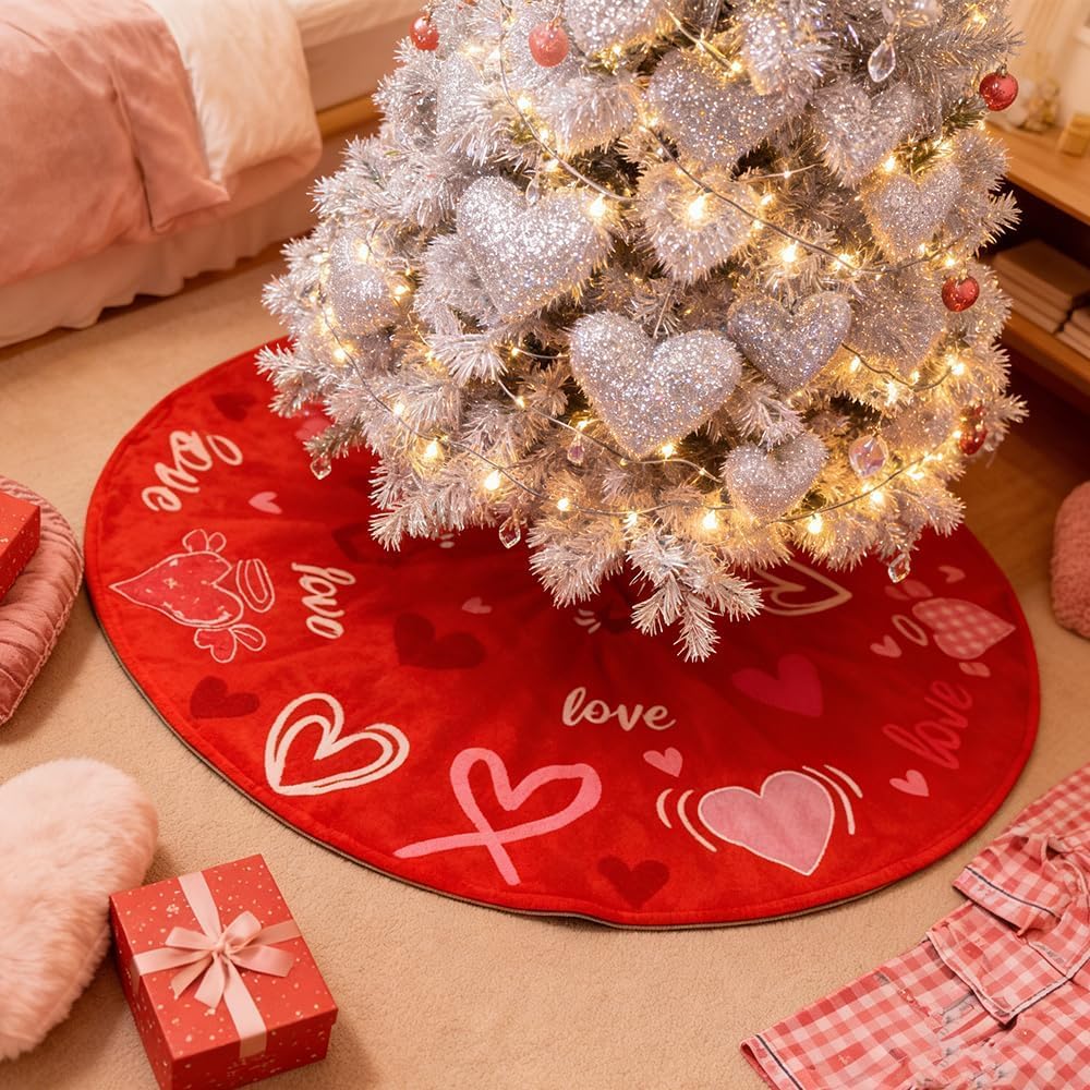 YEAHOME Valentines Day Decorations for Tree Skirt, 36" Love Heart Pattern Tree Skirts for Valentines Day Decor, Double-Sided St Patricks Day Clover Tree Skirt for Holiday Party Decorations