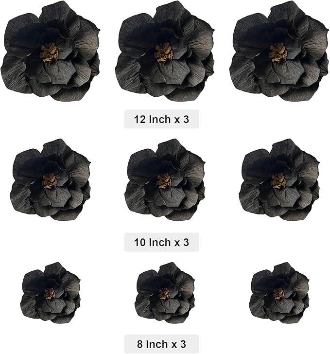 BRT Bearingshui Black Paper Flowers Decoration for Wall Total 9 Pcs, Artificial Flowers for Wedding Decor,Flower Backdrop Decor, Baby Bridal Shower Birthday Party, Black 3D Wall Flowers Decor