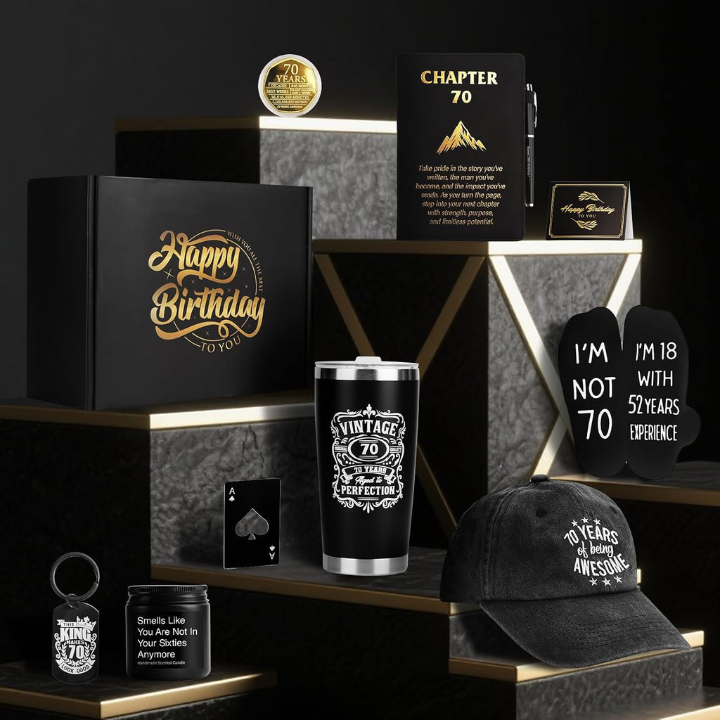 70th Birthday Gifts for Men - Unique Comprehensive Black & Gold Gift Box for Husband, Dad, Grandpa, Friends, Him