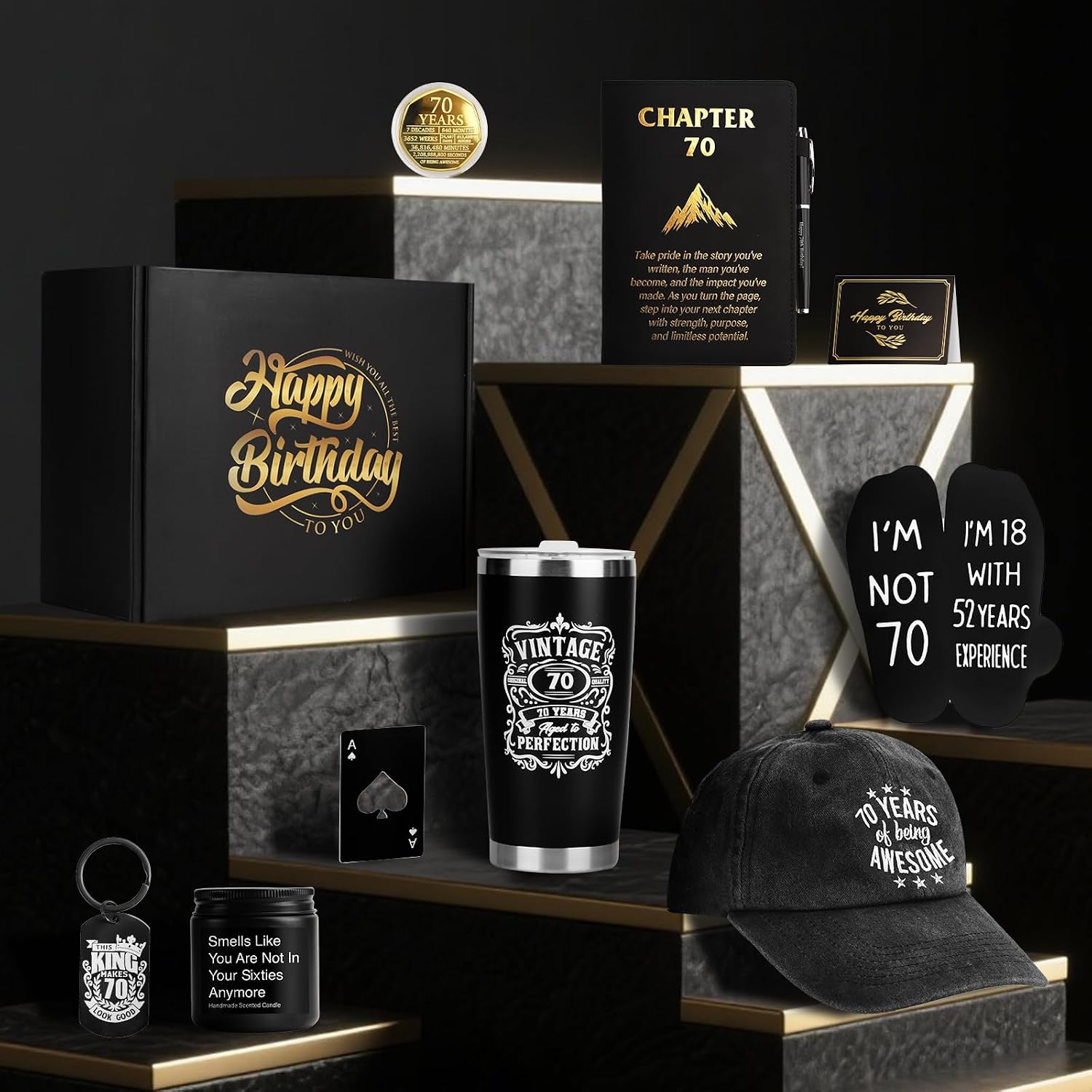 70th Birthday Gifts for Men - Unique Comprehensive Black & Gold Gift Box for Husband, Dad, Grandpa, Friends, Him