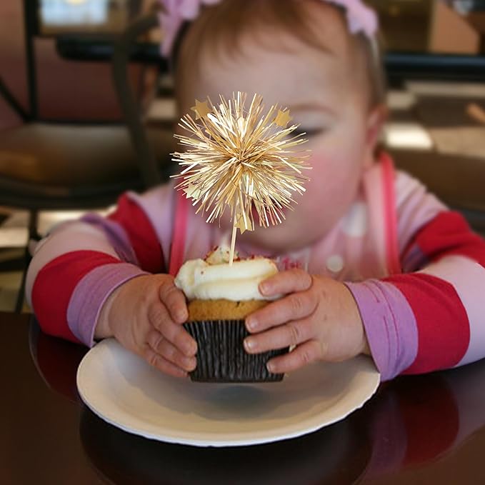 Ephlyn 30Pcs Foil Firework Cupcake Toppers Party Birthday Cake Toppers Supplies Sparkle Tinsel Cocktail Fruit Toothpick for Birthday Wedding Graduation Party Supplies Gold