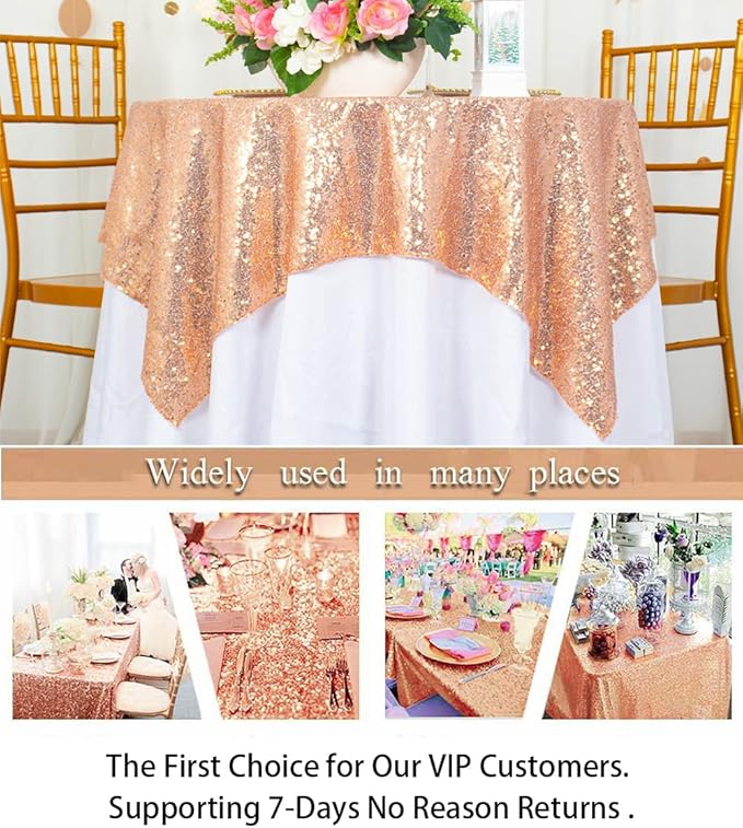 ShinyBeauty Square Tablecloth 72x72-Inch Sequin Tablecloth Overlay Rose Gold Table Cover Sequined Table Cloths for Wedding Rose Gold Shimmer Tablecloth Linen Square Overlay for Cocktail/Cake
