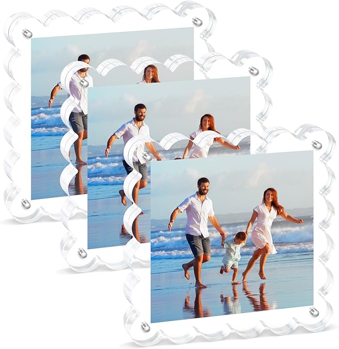 3Pack Clear Magnetic Picture Frames 5×5 Inch - Scalloped Picture Frame with 10+10mm Thick Block, Double-Sided Clear Display | Trendy Home Decor & Modern Gift Idea (3Pack, 5×5)