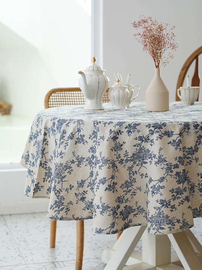 Pastoral Round Tablecloth - 60 Inch Dia. - Beige Linen Table Cloth - Washable Table Cover with Dust-Proof Wrinkle Resistant for Restaurant, Picnic, Indoor and Outdoor Dining, Floral (Dark Blue)