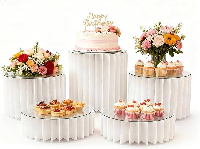 5 Pcs Buffet Risers Food Display Risers for Party Buffet Table, Dessert Table Display Set Cake and Cupcake Stand Combo, Riser Display Stand for Dessert Food Jewelry, White, 4"/8"/12" H