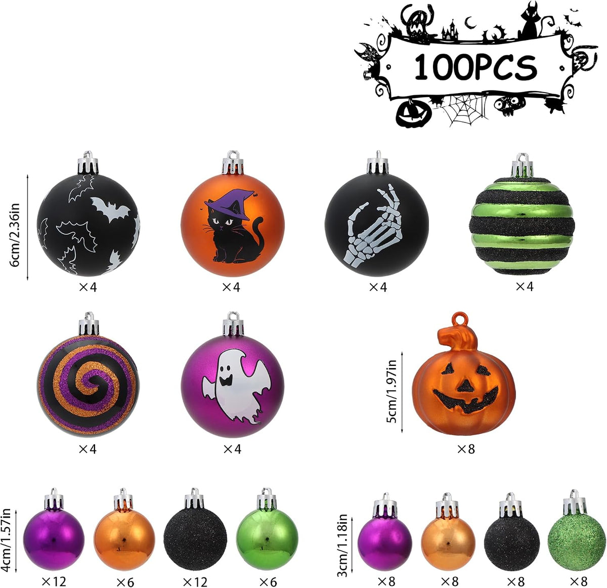 Halloween Ornaments for Tree Decorations, 100Ct Shatterproof Ornament Set