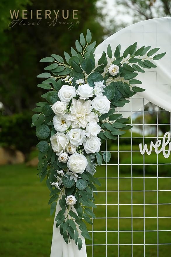 Artificial Wedding Arch Flowers Kit(Pack of 3),2Pcs Artificial Flower Arch Decor,1Pcs Sheer Drape for Wedding Ceremony Arbor for WeddingCeremony (White Rose Wedding)