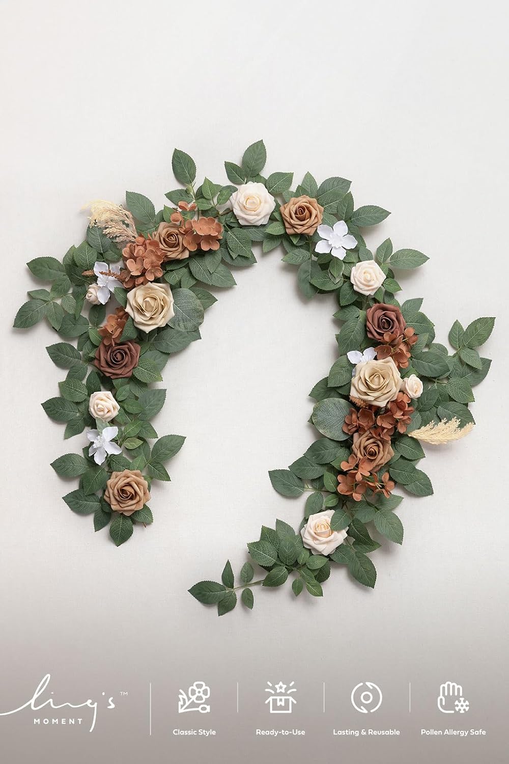 Ling's Moment 5FT Beige Brown Artificial Flower Garland Fake Rose Eucalyptus Garland Arch Flowers Vine for Wedding Party Backdrop Home Table Centerpieces Decorations