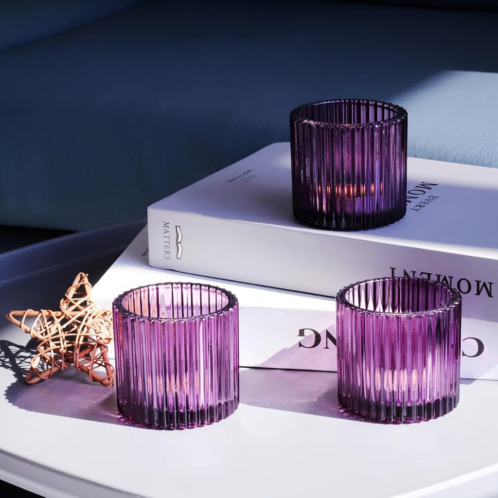 VOHO Large Votive Candle Holders for Table Centerpiece, 6pcs Purple Glass Ribbed Candle Holder for Halloween Decorations, Vintage Tealight Candle Holder for Baby Shower/Easter/Diwali(2.75"W x 2.56"H)