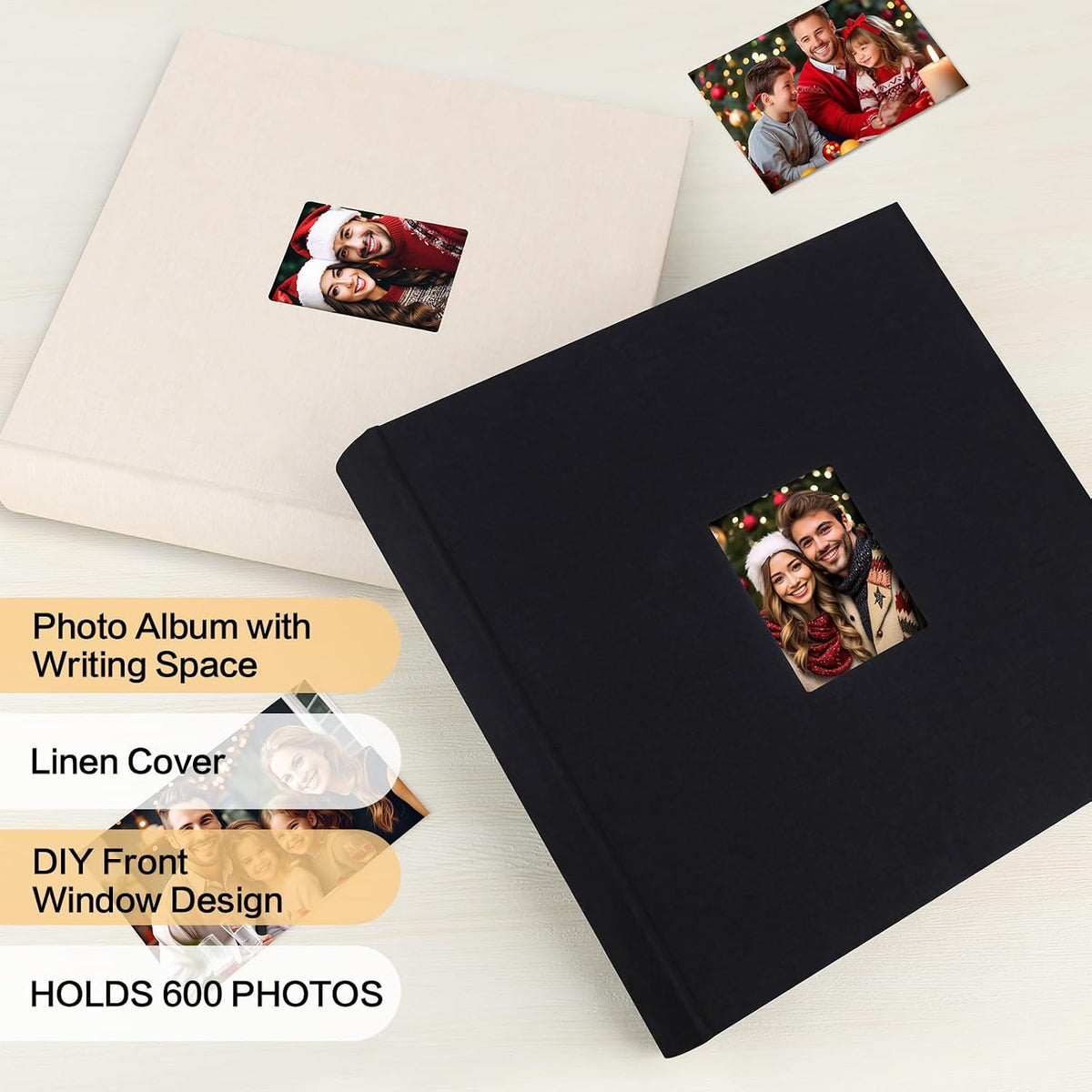 600 Pocket 4x6 Photo Album with Writing Space, Linen Cover, Black