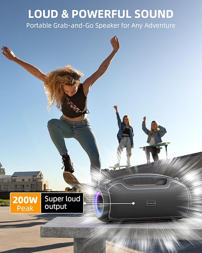 Portable Bluetooth Speakers Wireless Upgrade, 200W Peak Loud Sound/Deep Bass for Party, IP65 Waterproof Outdoor Speaker w/ 2*Subwoofer/Tweeter/DSP/Bass Boost/TWS/TF/USB/AUX, 24H Playtime