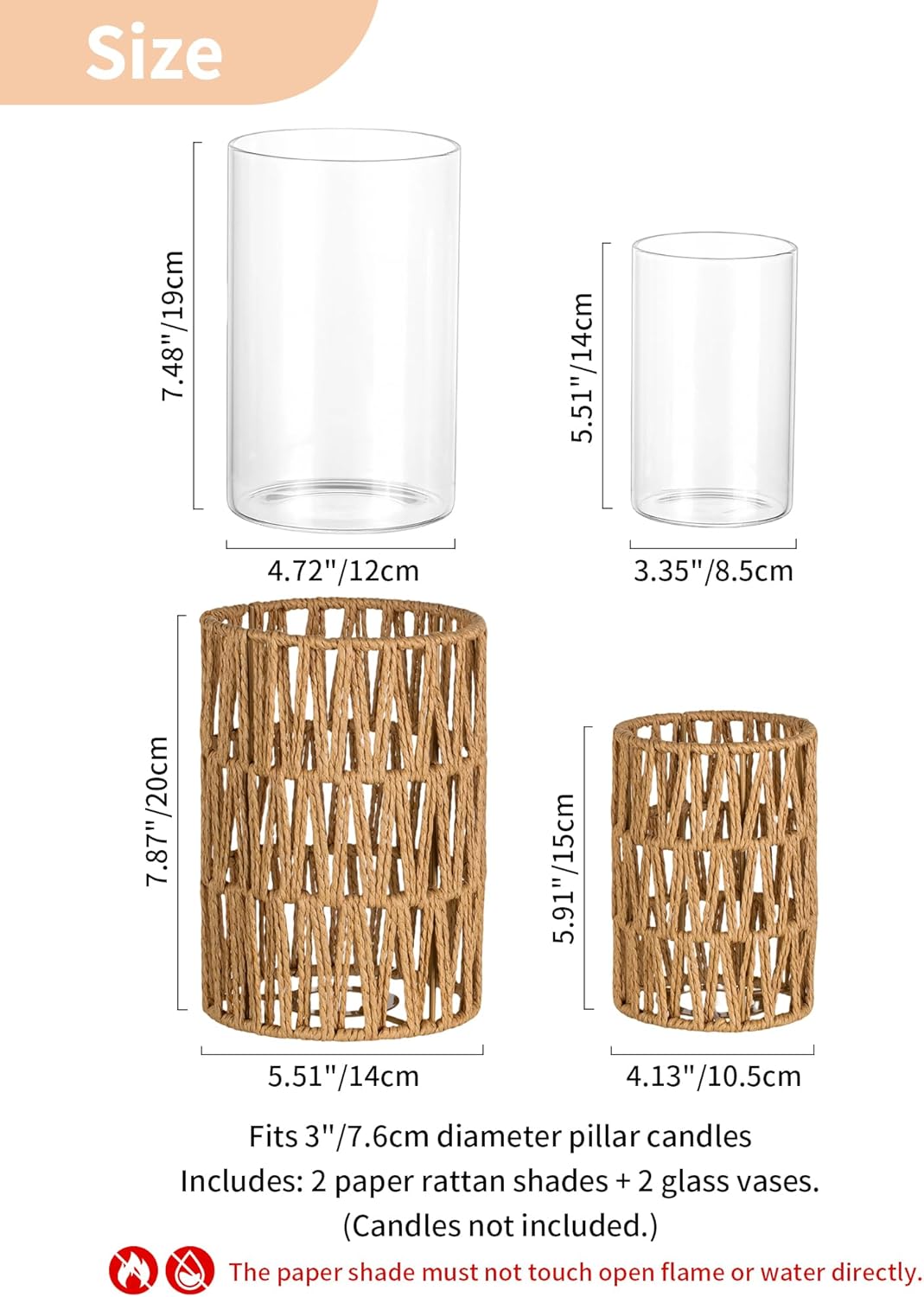 NUPTIO Rattan Boho Hurricane Lanterns: Set of 2 Pillar Candle Holders with Glass Cylinders- Farmhouse Vases for Home Coffee Table Centerpieces Decor