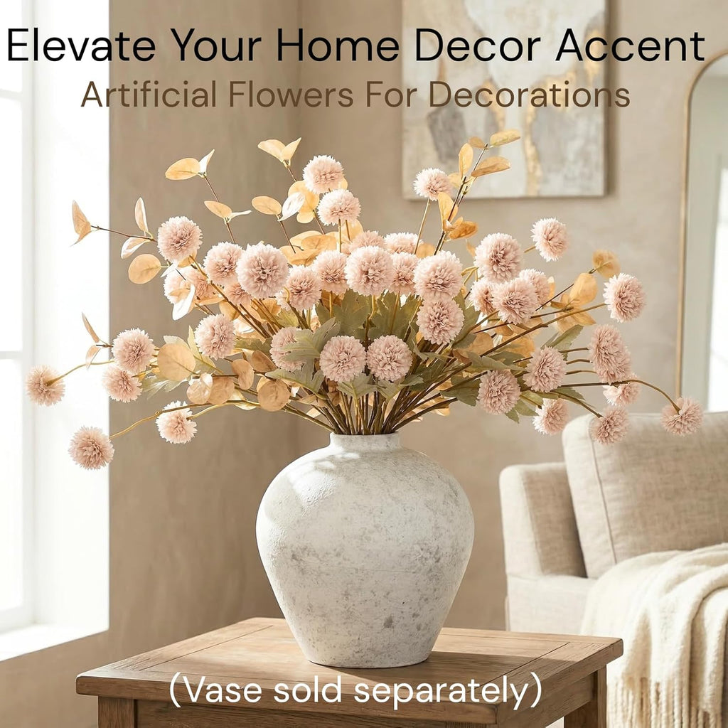 Artificial Flowers for Vase - Beige Silk Mums 10 Long Stems with Eucalyptus, Faux Flowers Home Decor, Neutral Tan Cream Floral Arrangement, Fake Chrysanthemum Pom Pom Stems, Summer Fall Centerpiece