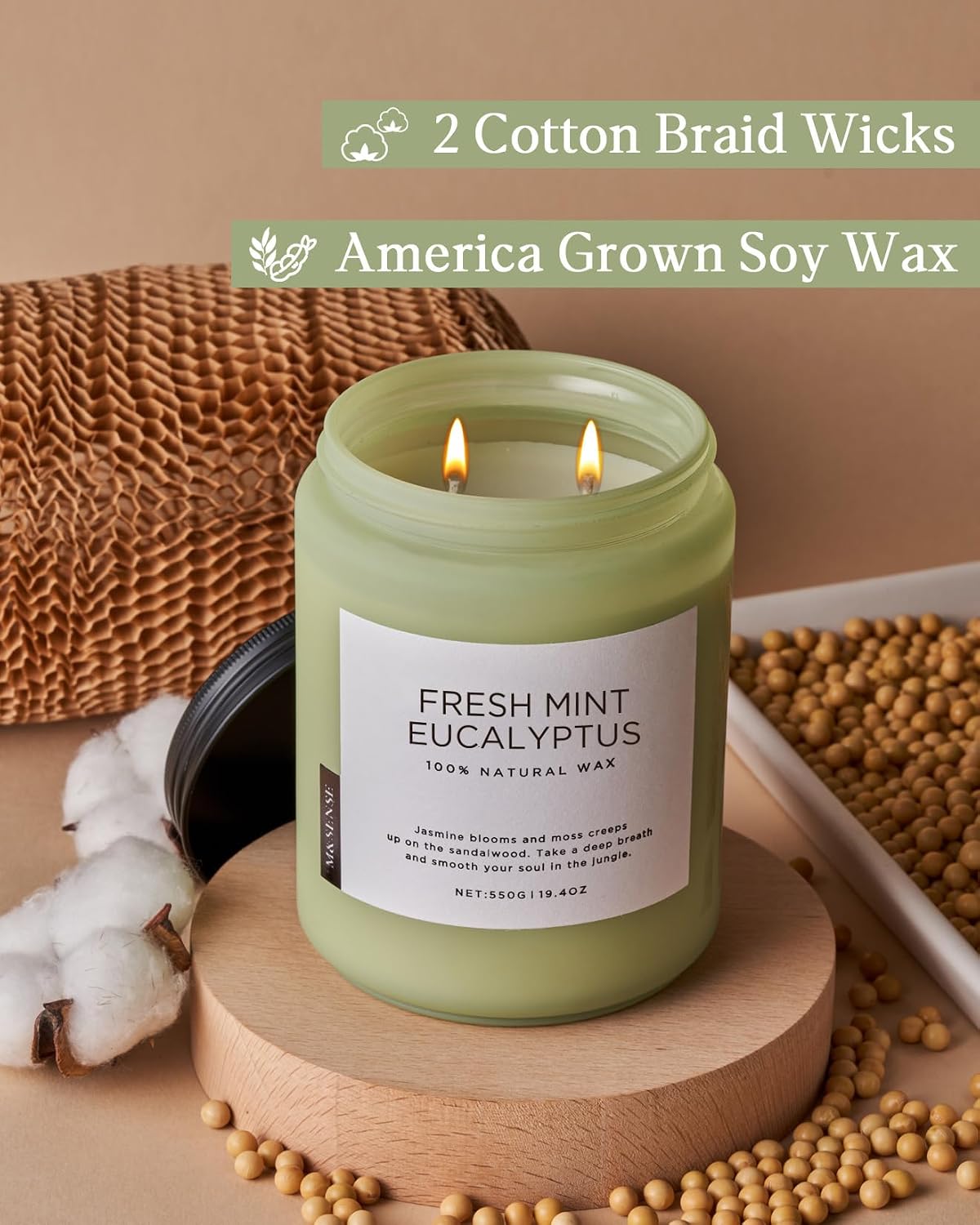 M&SENSE Eucalyptus & Mint Scented Jar Candle, Large 19.4oz Natural Soy Wax, 110-Hour Long Lasting Non-Toxic Clean Burning, Fresh Smelling Home Aromatherapy for Spa Stress Relief, Gifts for Men Women