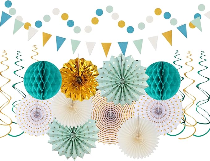 Teal-Gold Sage Green Party-Decoration - 33pcs Kits Tissue Pom Poms Honeycomb,Banner,Streamers Tassel Garland,Paper Lantern Fans,Wedding Engagement Bachelorette Birthday Baby Bridal Shower Decor Hugtmr