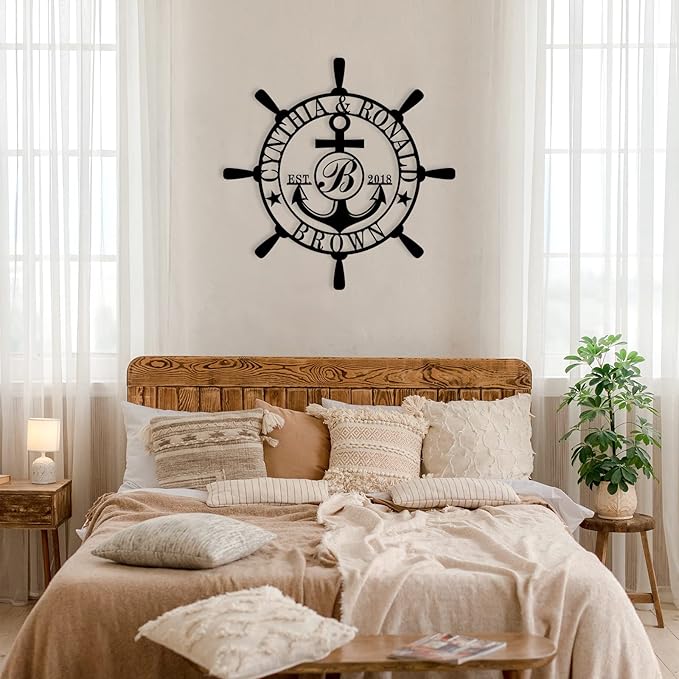 Customized Family Name Sign, Nautical Wall Decor, Anchor Compass Metal Sign, Initial Split Letter Monogram Sign, Last Name signs, Personalized Housewarming Gift