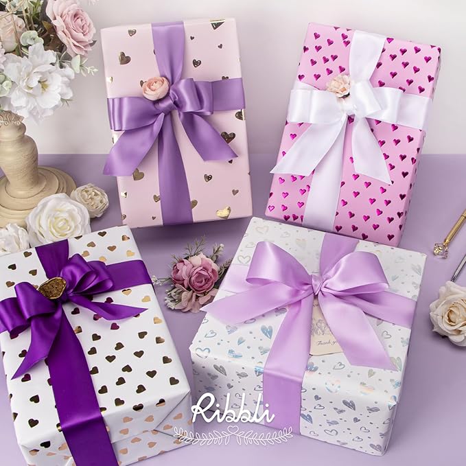 Ribbli Purple Satin Ribbon 1-1/2 Inch x 4 Rolls Total 40 Yards-White Lavender Purple Ribbon for Gift Wrapping Craft Wedding Decoration