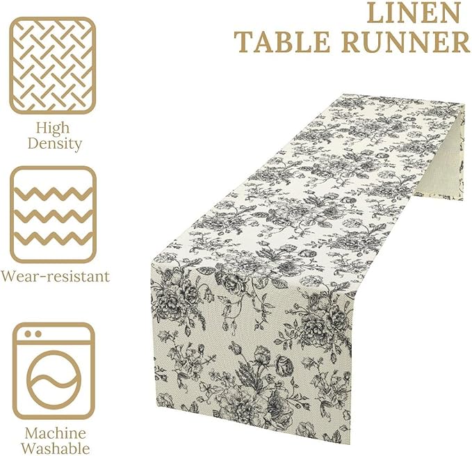 Vintage Flower Table Runner, Black White Wildfloral Floral Sketch Print Kitchen Dinning Table Runner for Indoor Outdoor Home Wedding Party Holiday, 13x70 Inch