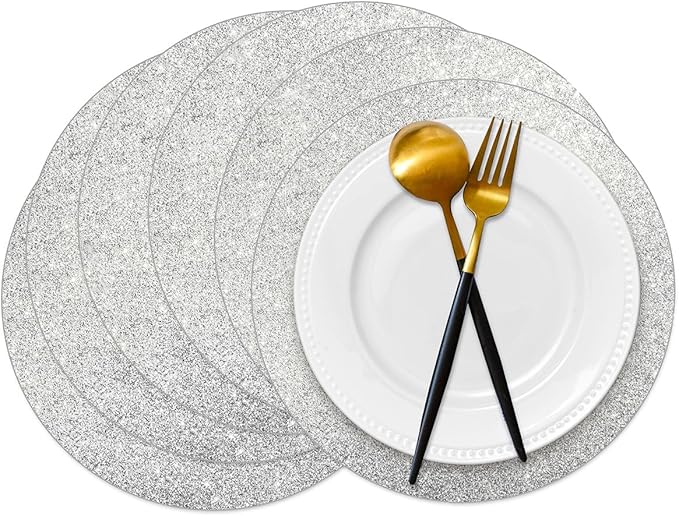 50 Pieces Silver Glitter Paper Place Mats Sparkle 14'' Round Disposable Table Mats Silver Sequin Doilies Decorative Placemats for Wedding Banquet Party Home Dining Tableware