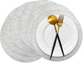 50 Pieces Silver Glitter Paper Place Mats Sparkle Round Disposable Table Mats Silver Sequin Doilies Decorative Placemats for Wedding Banquet Party Home Dining Tableware
