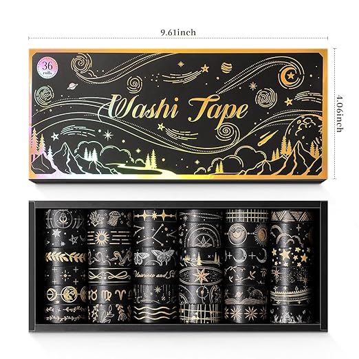 36 Rolls Glow-in-The-Dark Starry Washi Tape Set with Gold Foil Celestial Patterns - Writeable Decorative Tapes for Scrapbooking, Bible Journaling, Bullet Journals 0.6" x 79" per Roll