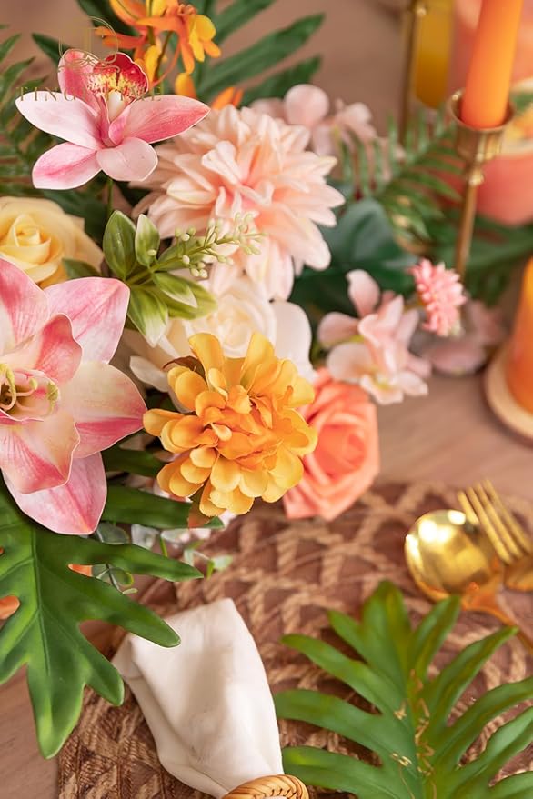 TINGE TIME Artificial Flowers Tropical Citrus & Pink Flower Combo for DIY Summer Wedding Bouquets Table Centerpieces Arrangements Party Baby Shower Home Decorations