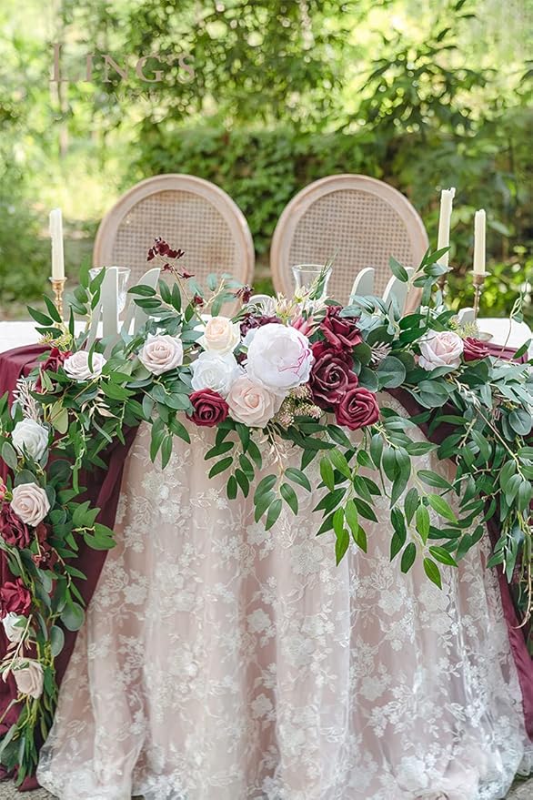 Ling's Moment 9FT Spring Flower Garland - Wedding Arch Flowers, Eucalyptus & Rose, Artificial Floral Garland for Mantle - Sweetheart Table Decor for Reception, Backdrop Decorations, Marsala