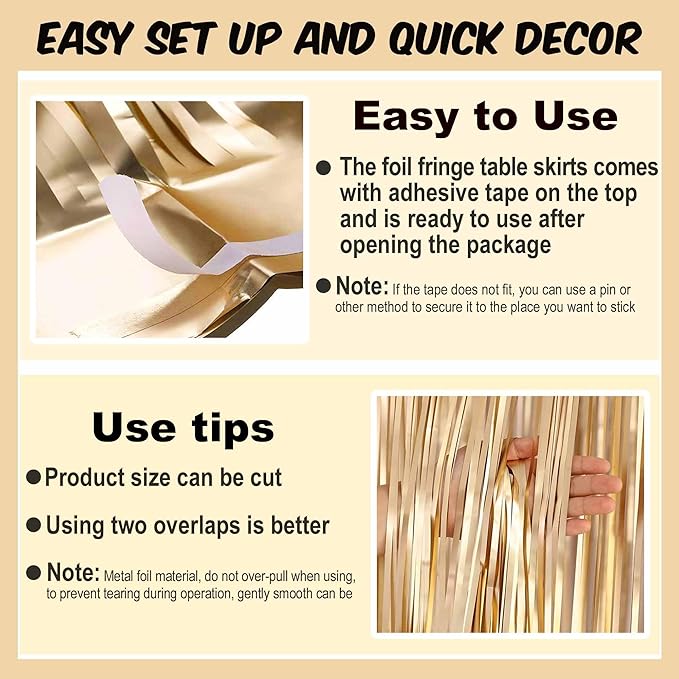 3 Pack 29 x108 Inch Champagne Gold Foil Fringe Table Skirts Metallic Banner for Tinsel Streamer Garland Backdrop for Parade Floats Mother's Day, Graduate, Birthday, Wedding Party Decoration
