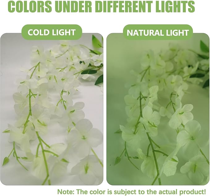 36 Pack Green White Wisteria Hanging Flowers, 3.44 Ft Fake Hanging Flowers, Artificial Wisteria Garland Vines for Wedding Room Backdrop Outdoor Patio Garden Decoration