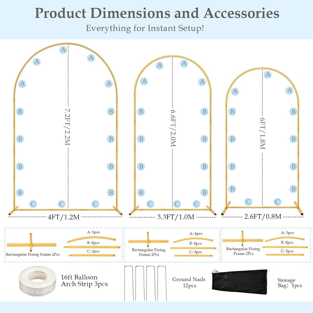 DEVISEFUN 7.2FT, 6.6FT, 6FT Arch Backdrop Stand with Base Set of 3
