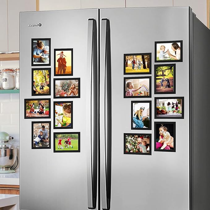 CRUGLA 4x6 Magnetic Picture Frames for Refrigerator 12 Packs, Modified Magnetic Sheet with Self Adhesive Backing, Black 4 by 6 Photo Frame Set for Locker Glass Window Door Cubicle