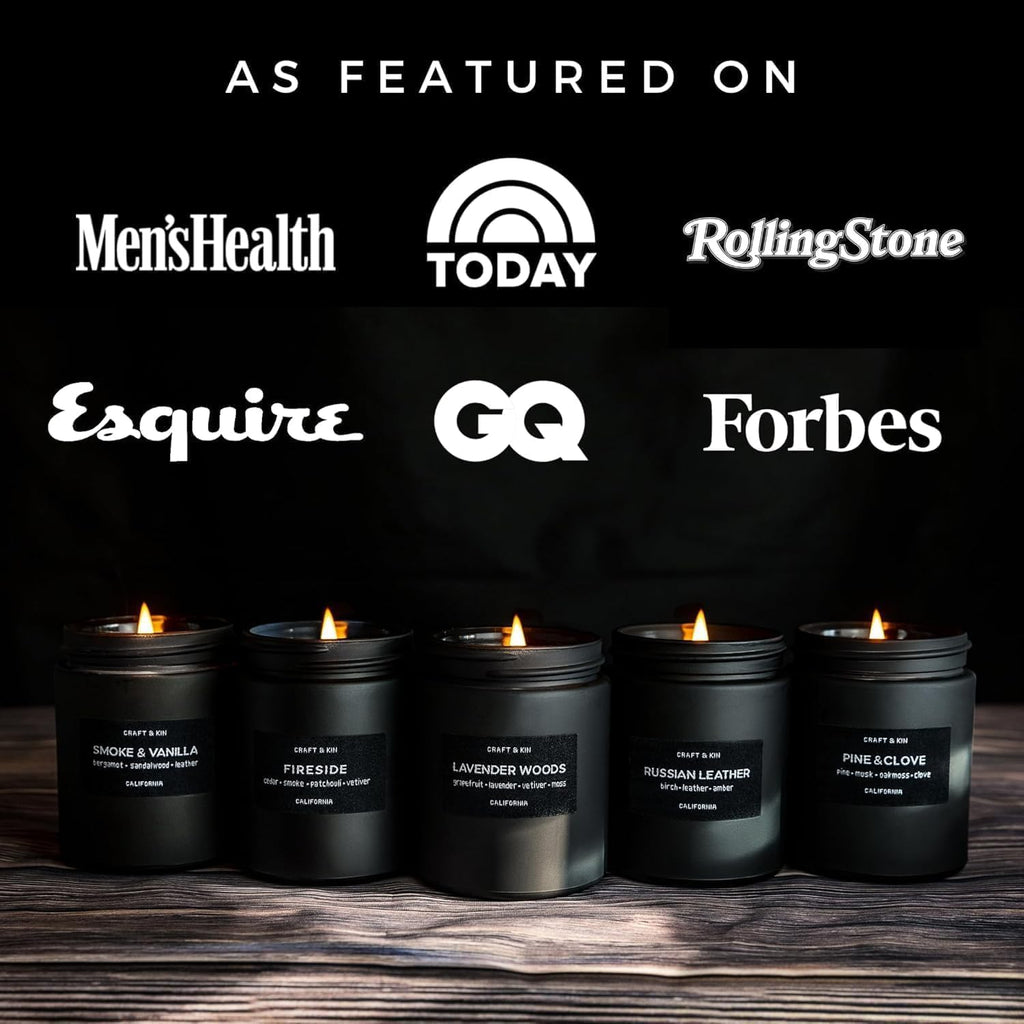 Craft & Kin Premium Smoke & Vanilla Scented Candle – Long Lasting, 45 Hour Burn Time – Luxury Black Natural Soy Scented Candle for Men with Wood Wick – Room Decor and Aromatherapy – 7.6 oz