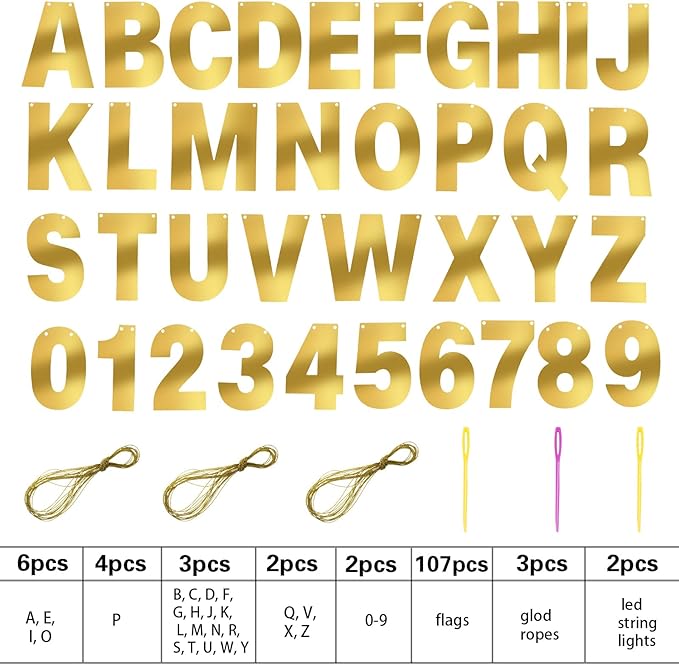 TaoBary 112 Pcs DIY Letter Kit Glitter Customizable Banner Letters Include 107 Letters and Numbers 3 Rope and 2 Needles for Birthday Halloween Christmas Wedding Valentine Party Decor(Bright Gold)