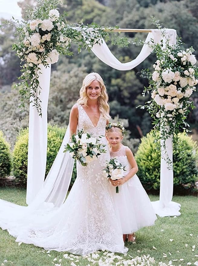 White Wedding Arch Draping Fabric 20Ft Arch for Wedding Ceremony Outside Birch Wood White Chiffon Fabric Drapes Sheer Backdrop Drapes for Party Ceremony Arch Stage