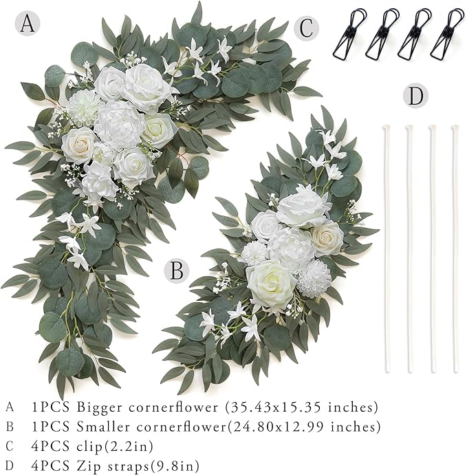 Artificial Flower Swag Set of 2 for Wedding Welcome Signs Floral Decorations, White Wedding Arch Flowers for Wedding Ceremony