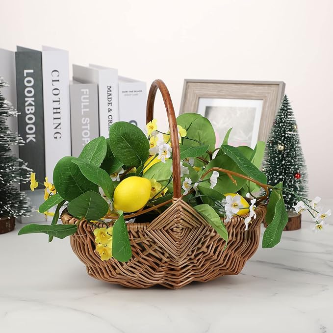 DULRLLY 2 Pcs Handwoven Flower Basket with Handle, Willow Storage Basket Empty Wicker Picnic Basket with Plastic Insert, Easter Basket Wedding Flower Girl Baskets for Home Party Decor (S)