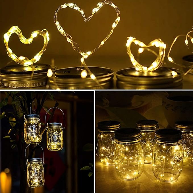 12 Pack Solar Mason Jar Lid Lights - 30 LED Firefly Fairy String Lights, Waterproof Outdoor Solar Lights with Hangers for Regular Mouth Jars (No Jars Included)