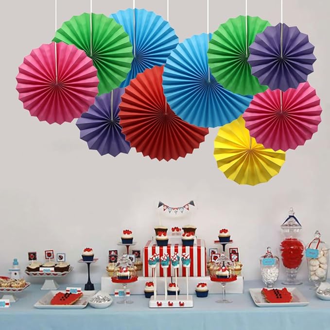 Colorful Hanging Paper Fans Decoration Round Pattern Paper Garlands Set for Party Birthday Wedding Events Accessories, Mix Set of 6